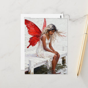 Fee zittend op een steiger met haar voeten in het briefkaart