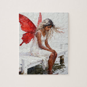 Fee zittend op een steiger met haar voeten in het legpuzzel