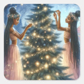  feeën versieren de kerstboom vierkante sticker (Voorkant)