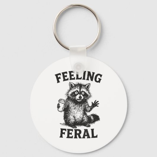 Feeling Feral Raccoon Drink Coffee Funny Trash Pan Sleutelhanger (Voorkant)