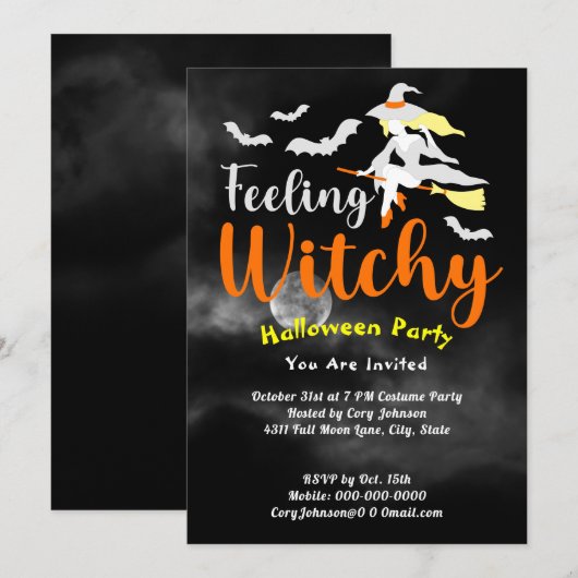 Feeling Witchy Bats Moon Black Sky Halloween Party Kaart (Voorkant / Achterkant)