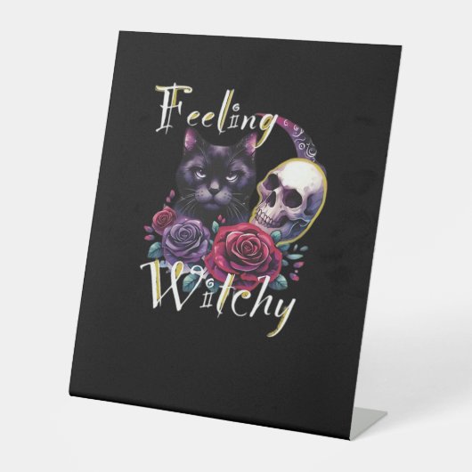 Feeling Witchy Black Cat Classic T-Shirt Reclamebord Met Voetstuk (Voorkant)