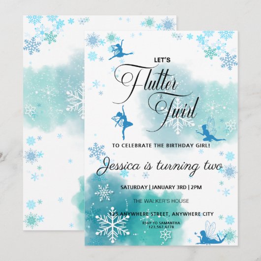 Fées de fée à neige Invitation de fête d'anniversa (Devant / Derrière)