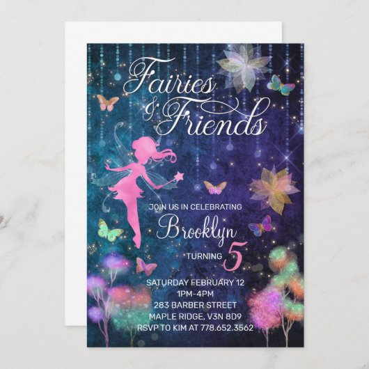 Fées et amis Invitation d'anniversaire (Devant / Derrière)