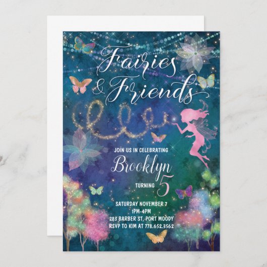 Fées et amis Invitation d'anniversaire (Devant / Derrière)