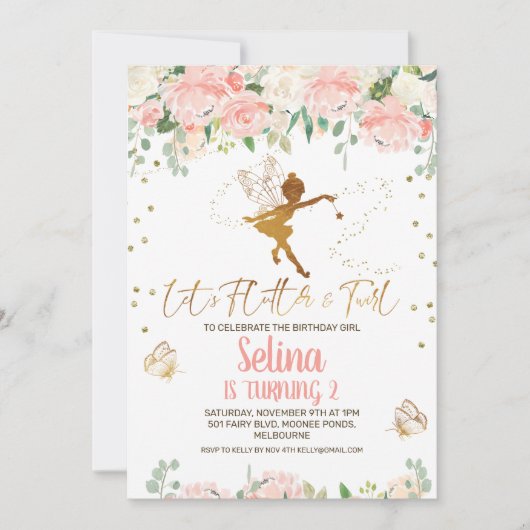 Fées florales roses Papillon Invitation d'annivers (Devant)