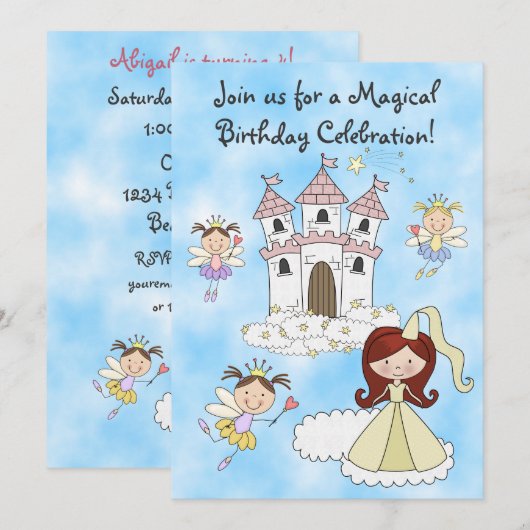 Fées, Princesse et Château Invitation d'anniversai (Devant / Derrière)