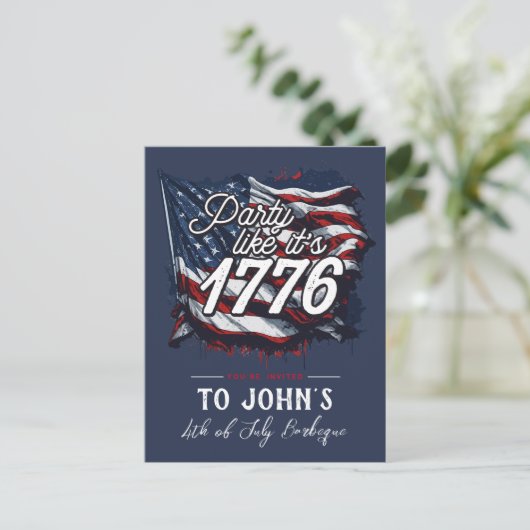 "Feest alsof het 1776 is" Patriottische uitnodigin Briefkaart (Staand voorkant)