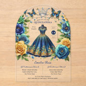 Feest Bloem Vlinders QUINCEANERA Blauw Goud Acryl Uitnodigingen (Voorkant)