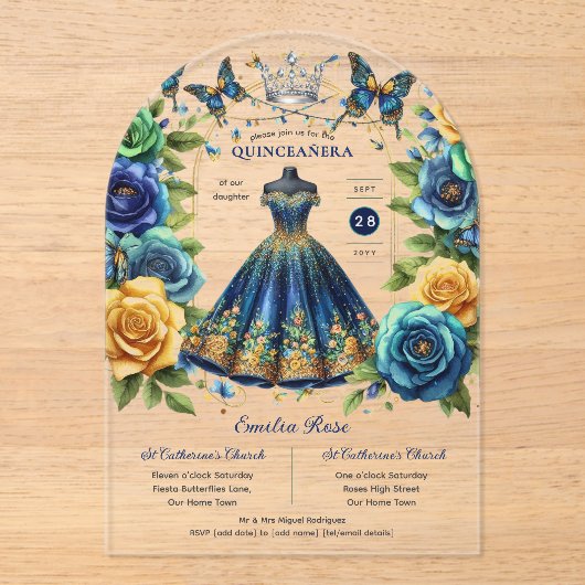 Feest Bloem Vlinders QUINCEANERA Blauw Goud Acryl Uitnodigingen (Voorkant)