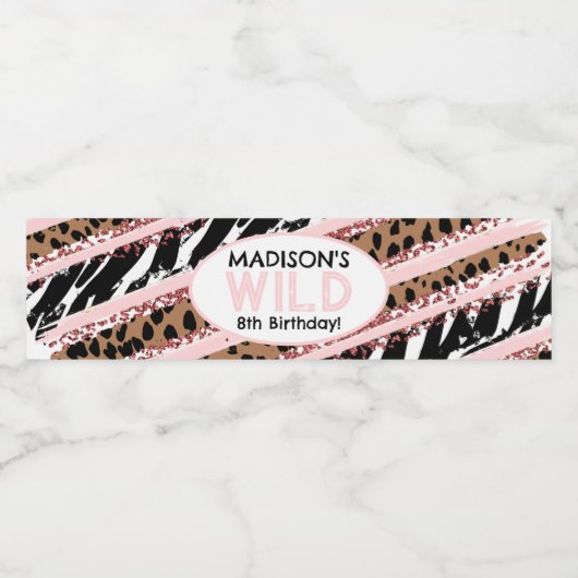 Feest Dieren Wilde Safari Roze Meisje Verjaardag Waterfles Etiket (Enkel label)