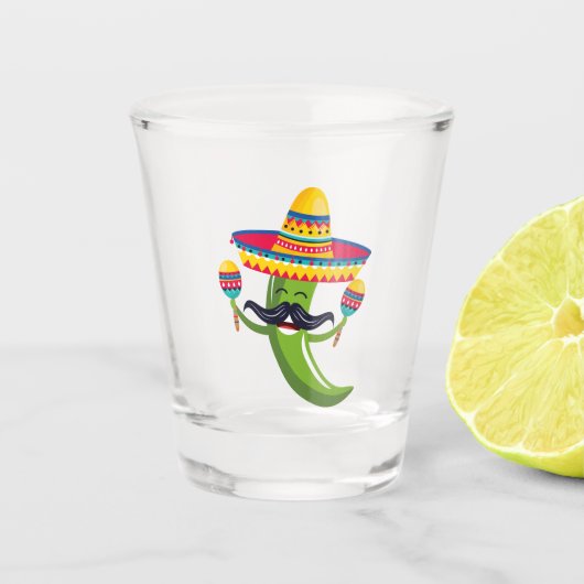 Feest Groene Chili Pepper in Sombrero met Maracas Shot Glas (Voorkant)