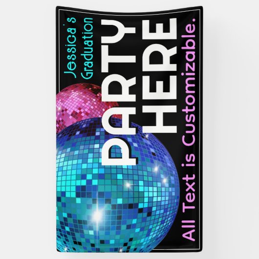 Feest hier. . Disco Ball aankondiging Spandoek (Verticaal)