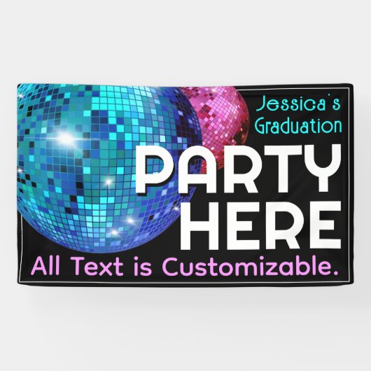 Feest hier. . Disco Ball aankondiging Spandoek (Horizontaal)