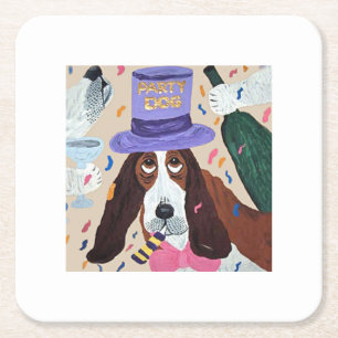 Feest hond Basset Hound Vierkante Kartonnen Onderzetter