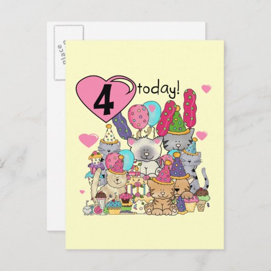 Feest Kittens 4e Verjaardag T-shirts en geschenken Uitnodiging Briefkaart (Voorkant / Achterkant)