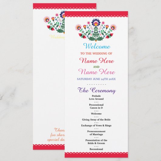 Feest Mexicaans Bloem Bruiloftsprogramma Programma (Voorkant / Achterkant)