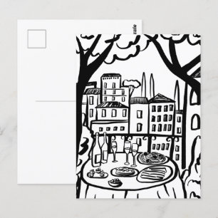 Feest op het terras Whimsical stad Handgetekend Briefkaart