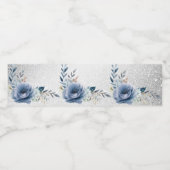 Feest Stof Blauw Waterverf Bloemen Zilver Elegant Waterfles Etiket (Enkel label)