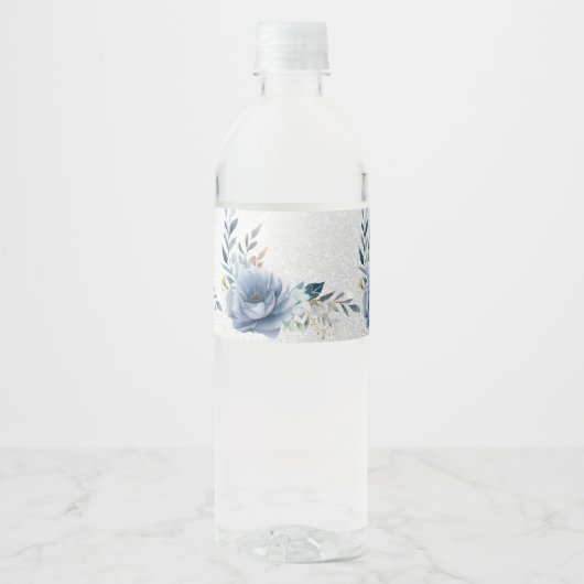 Feest Stof Blauw Waterverf Bloemen Zilver Elegant Waterfles Etiket (Voorkant)