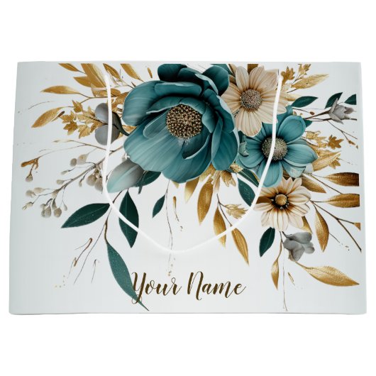 Feest Turquoise Witte Bloem Gouden Bladeren Elegan Groot Cadeauzakje (Voorkant)