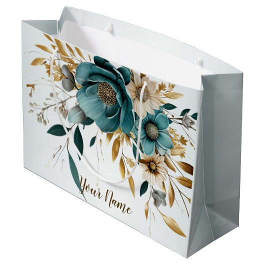 Feest Turquoise Witte Bloem Gouden Bladeren Elegan Groot Cadeauzakje (Achterkant Gekanteld)