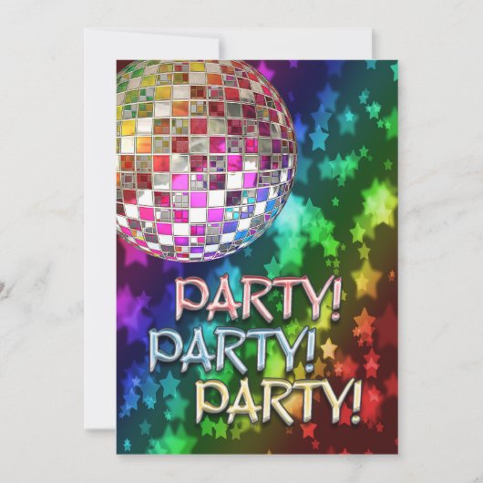 FEEST uitnodiging met discobal en regenboog van st (Voorkant)