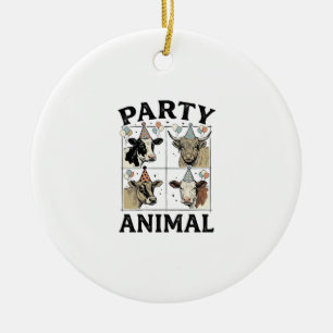 Feestbeest Koe Vintage Gravure T-Shirt Ontwerp_ Keramisch Ornament