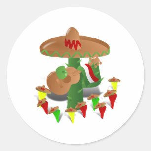 Feestcactus met gitaar en dansende pepers ronde sticker