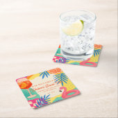 Feestclub voor vrijgezellenfeest rond het zwembad vierkante kartonnen onderzetter (Insitu)