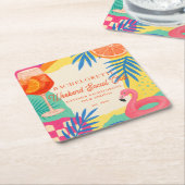 Feestclub voor vrijgezellenfeest rond het zwembad vierkante kartonnen onderzetter (Schuin)