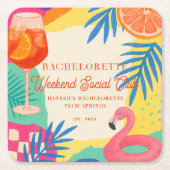 Feestclub voor vrijgezellenfeest rond het zwembad vierkante kartonnen onderzetter (Voorkant)