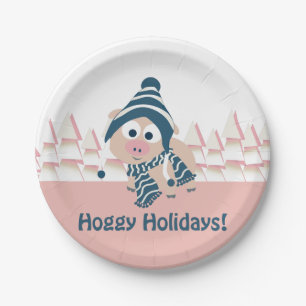Feestdagen! Cute Winter Pig Papieren Bordje