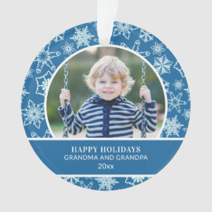 Feestdagen Oma Opa Blauwe Witte Sneeuwvlokken Ornament