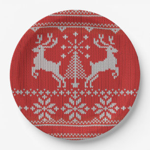 Feestdagen Red Knit Ugly KerstSweater Ho Deer Papieren Bordje