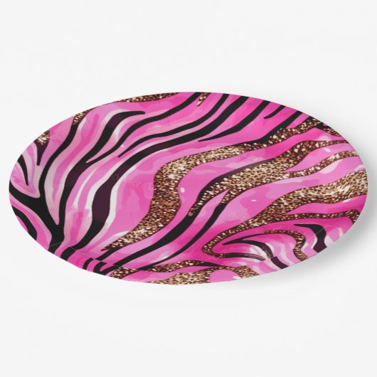 Feestdier Tijgerprint Papieren Beker, Roze Glitter Papieren Bordje (Gekanteld)