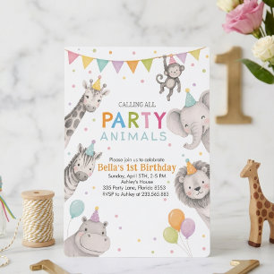 Feestdieren Safari Meisje 1e Verjaardagsuitnodigin Kaart