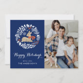 Feestelijk Blauw Kerstmis Rendier Feestdagenkaart (Voorkant)