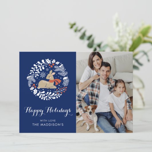 Feestelijk Blauw Kerstmis Rendier Feestdagenkaart (Staand voorkant)