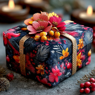 Feestelijk Bloem- en Dennen Kerstpatroon in Warmte Cadeaupapier