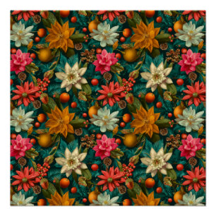 Feestelijk citrus- en winterbloemen kerstpatroon perfect poster