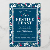 Feestelijk Feest blauwe rode bessen Kerstdiner Folie Uitnodiging (Voorkant)