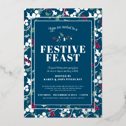 Feestelijk Feest blauwe rode bessen Kerstdiner Folie Uitnodiging (Voorkant)