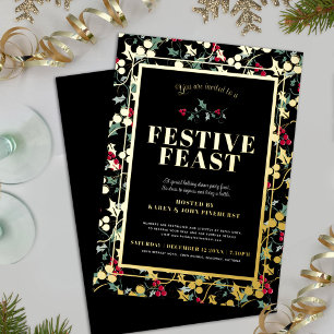 Feestelijk Feest zwart gouden bessen Kerstdiner Folie Uitnodiging