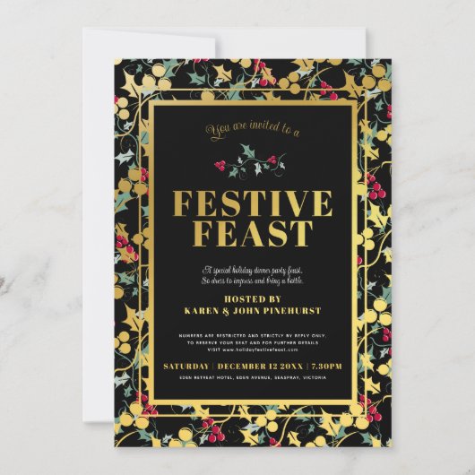 Feestelijk Feest zwart gouden bessen Kerstdiner Kaart (Voorkant)