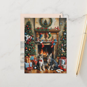 Feestelijk gedecoreerde kamer, open haard, katten, briefkaart