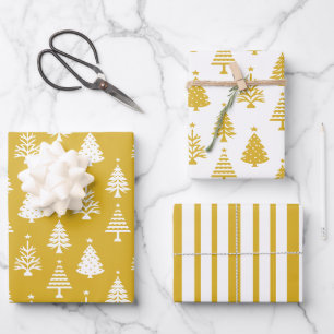 Feestelijk geel en wit kerstboompatroon inpakpapier vel
