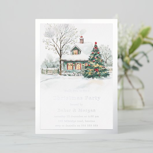 Feestelijk Gezellig Zilver Folie Kerstfeest Folie Uitnodiging (Staand Voorkant)