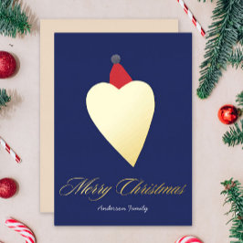 Feestelijk Gouden Hart met Kerst Pet Donkerblauw Folie Feestdagenkaart