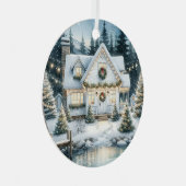  Feestelijk Huis op een Frozen Lake Christmas Metalen Ornament (Voorkant Rechts)